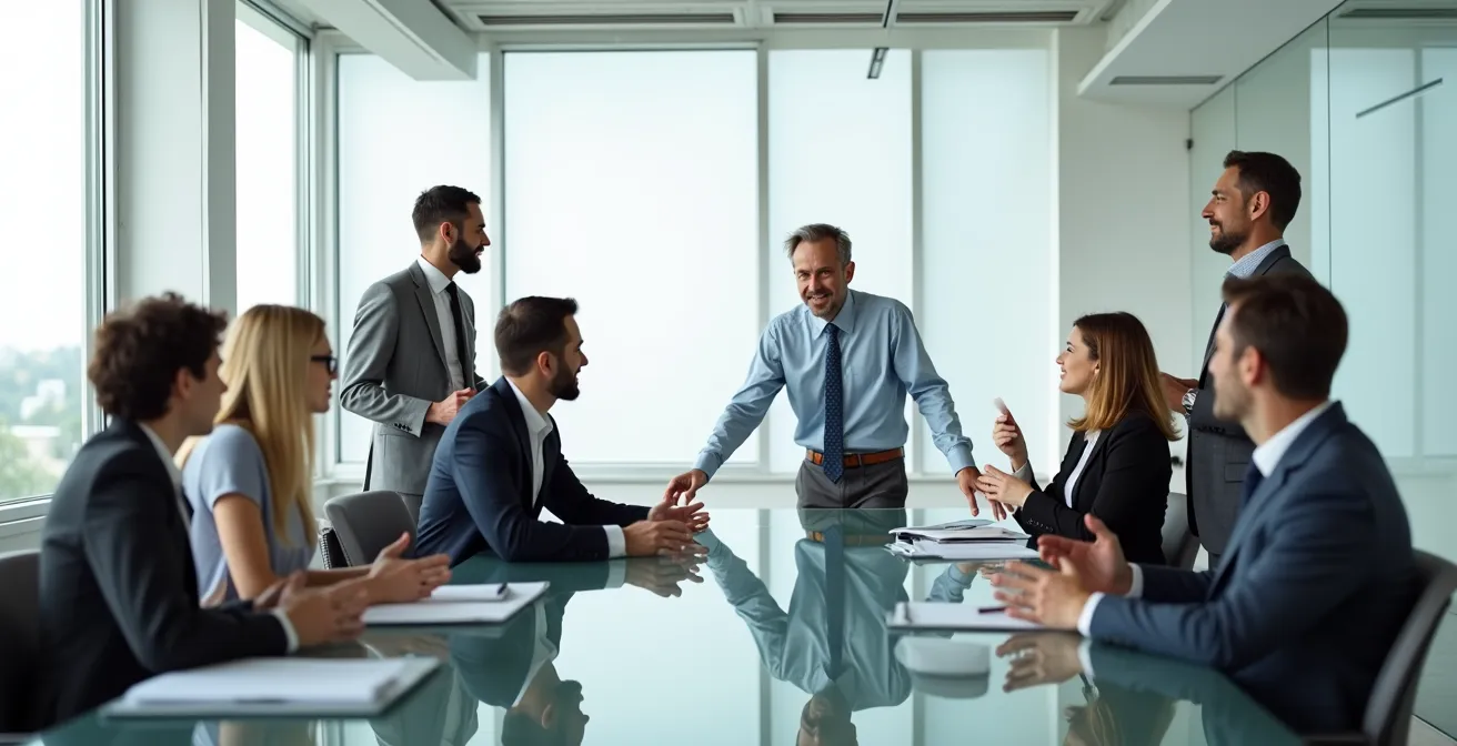 Vue d'ensemble d'une équipe en réunion animée et collaborative