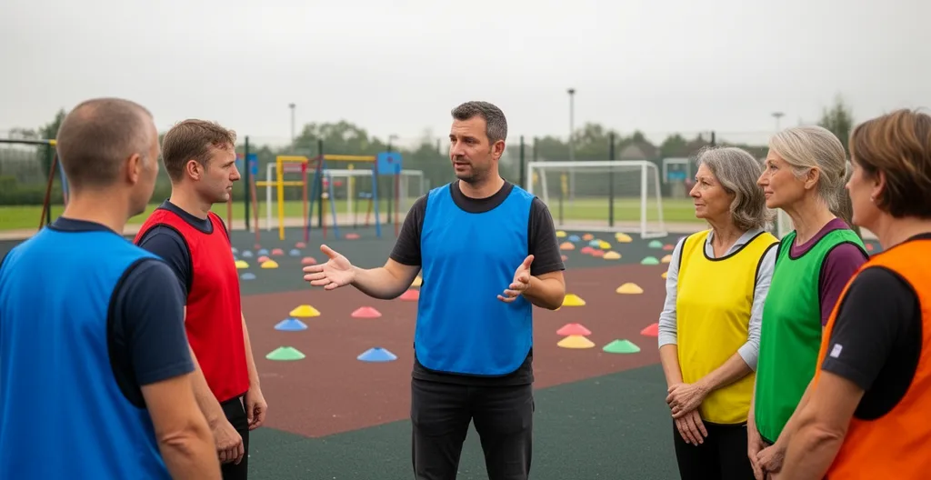 Animateur expliquant les règles à une équipe portant des dossards colorés