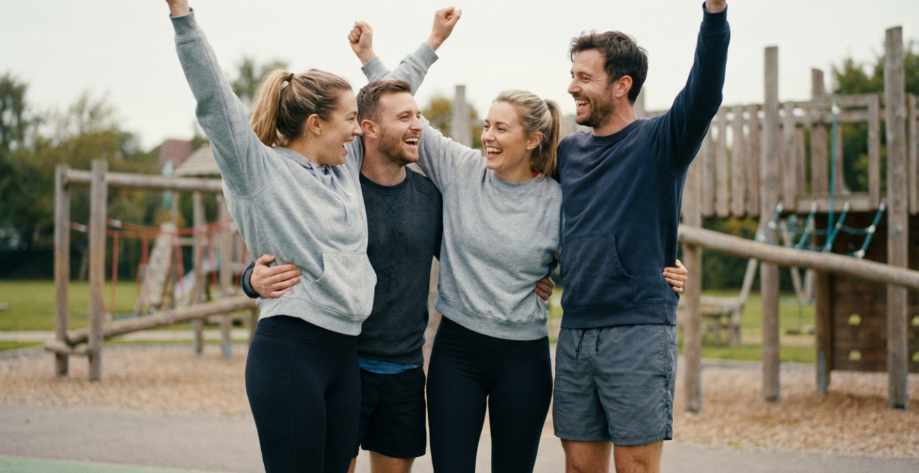 Collègues célébrant une victoire d'équipe après une épreuve d'olympiades en extérieur