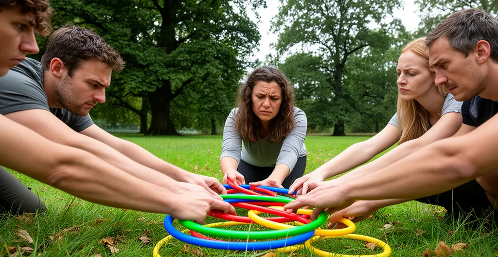 Équipe travaillant ensemble sur un défi de précision avec cerceaux