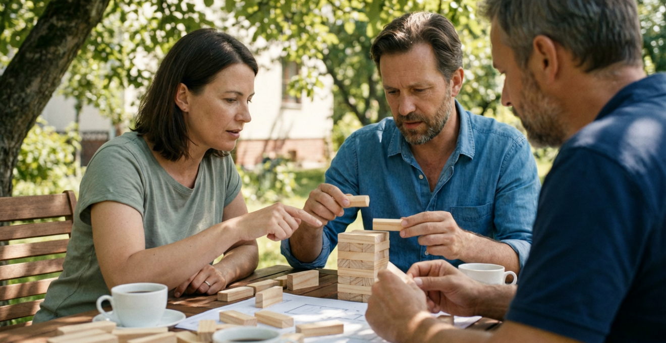 Collaborateurs concentrés sur un défi de stratégie collective lors d'olympiades d'entreprise