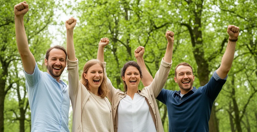 Petite équipe de collègues célébrant bras levés après une épreuve