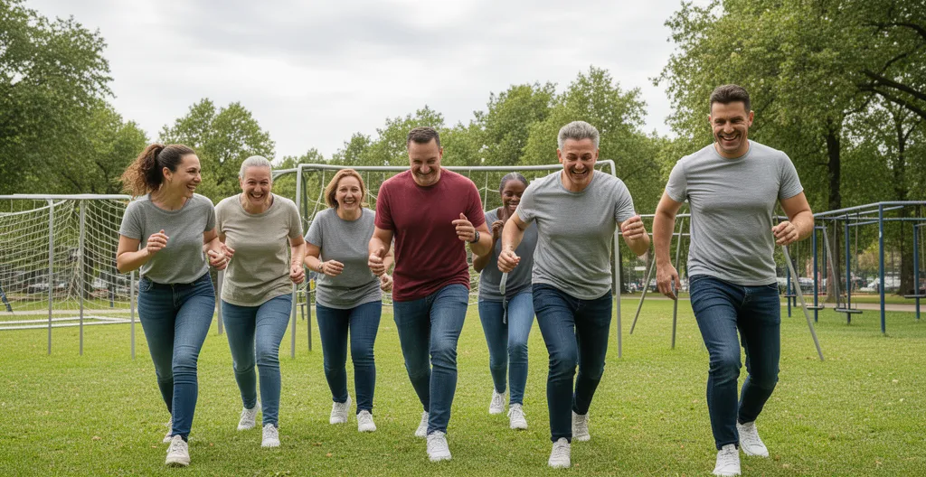 Groupe de participants traversant un parcours d'obstacles lors d'olympiades d'entreprise