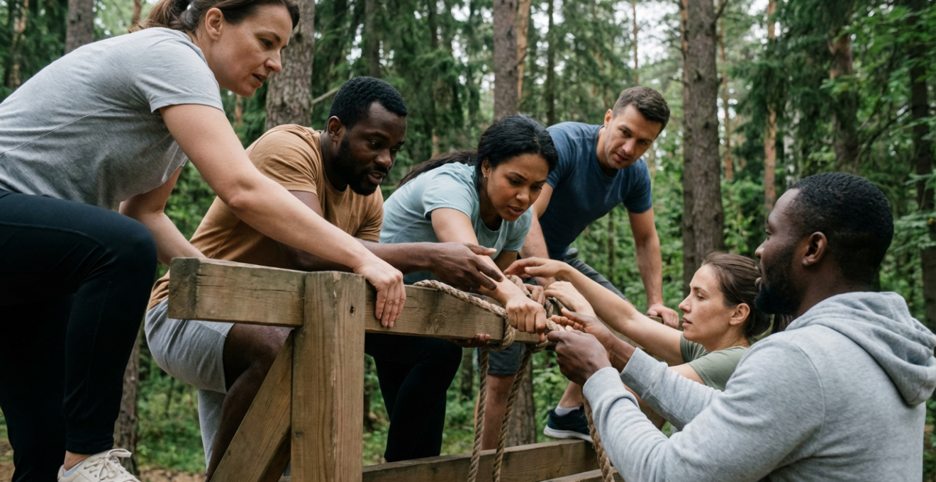 Équipe de collaborateurs franchissant un parcours d'obstacles lors d'olympiades d'entreprise en extérieur