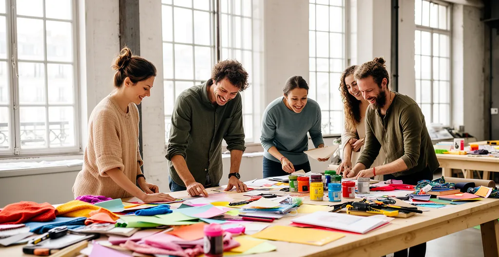 Collaborateurs engagés dans un atelier créatif team building collectif