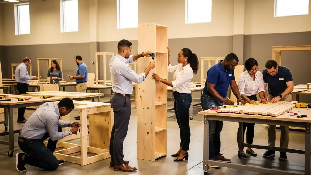 Équipe d'employés assemblant ensemble des meubles en bois pour une action solidaire lors d'une activité RSE de team building