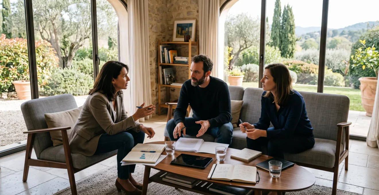 Groupe de professionnels en session de travail collaboratif sur une terrasse à Biot, avec végétation méditerranéenne et collines en arrière-plan