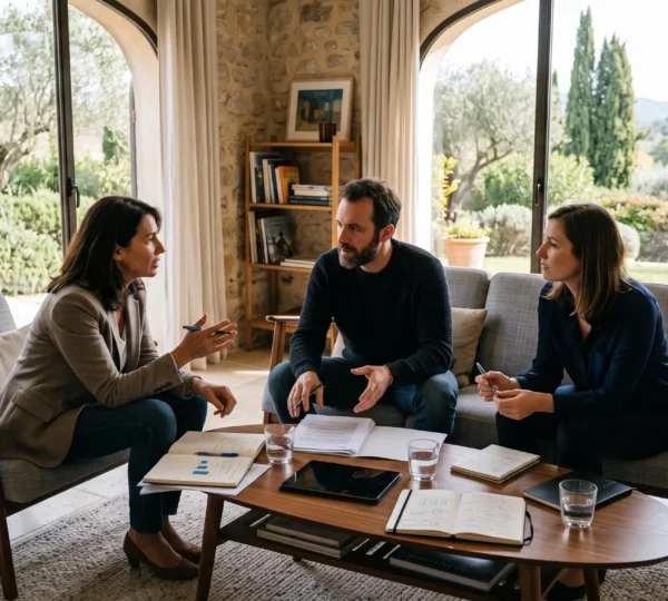 Groupe de professionnels en session de travail collaboratif sur une terrasse à Biot, avec végétation méditerranéenne et collines en arrière-plan