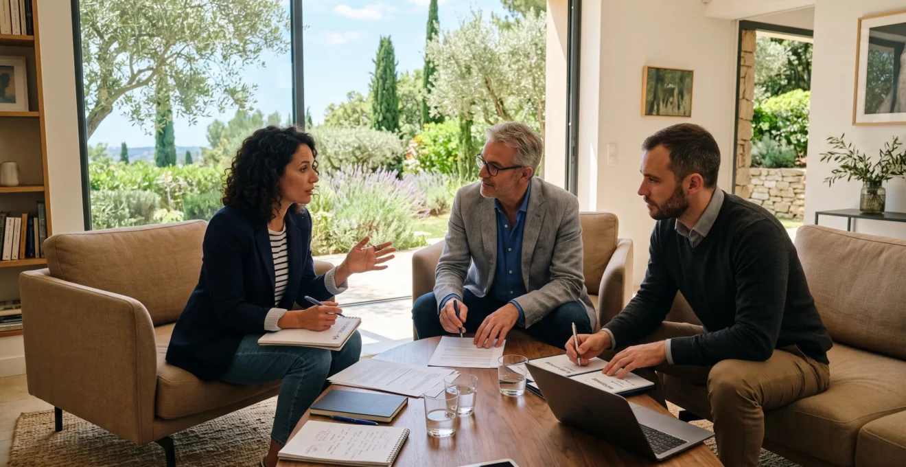 Trois professionnels en discussion stratégique dans un espace résidentiel lumineux avec vue sur jardin méditerranéen