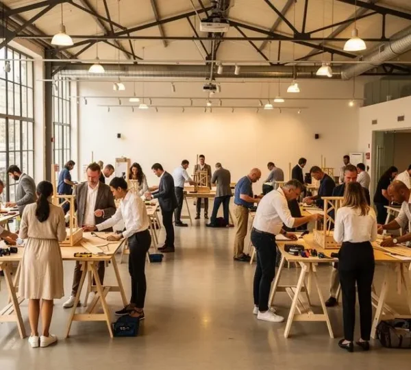 Grand groupe d'employés d'entreprise collaborant activement en petites équipes lors d'un atelier de team building dans un espace événementiel parisien