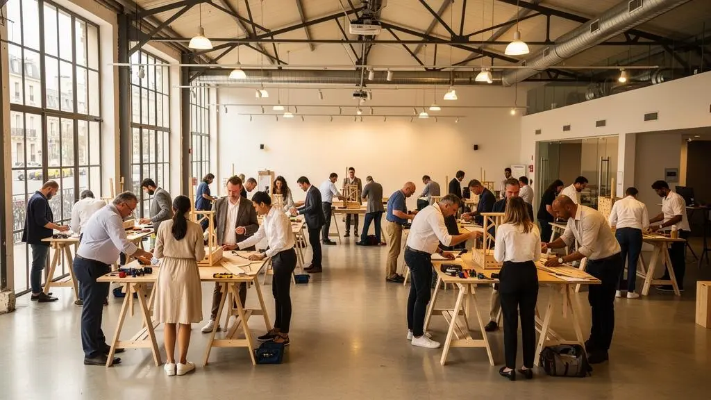 Grand groupe d'employés d'entreprise collaborant activement en petites équipes lors d'un atelier de team building dans un espace événementiel parisien